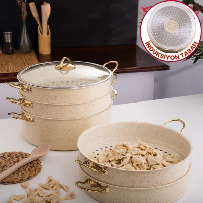 Evren 6 Parça 32 Cm Cream İndüksiyonlu Buharlı Pişirici, Mantı Tencere Seti 9 Lt